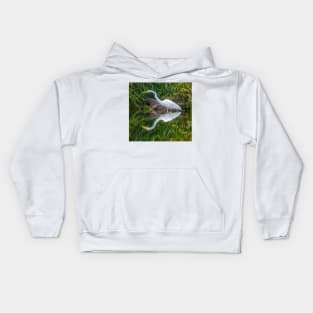 Reflections of Great White Egret looking for dinner Kids Hoodie